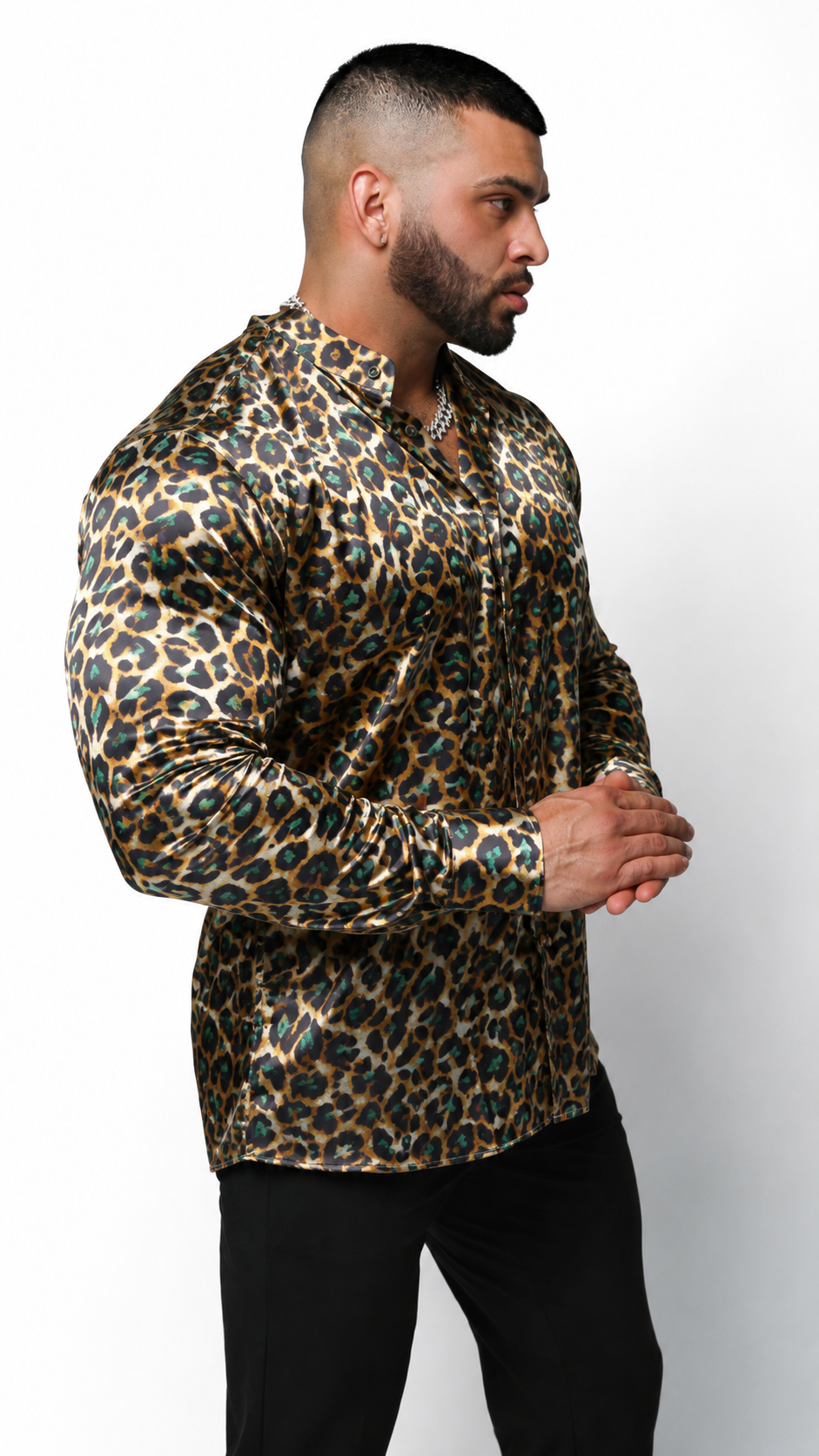 Men's Leopard Print Tailored Fit Dress Shirt- Viridian Leopard