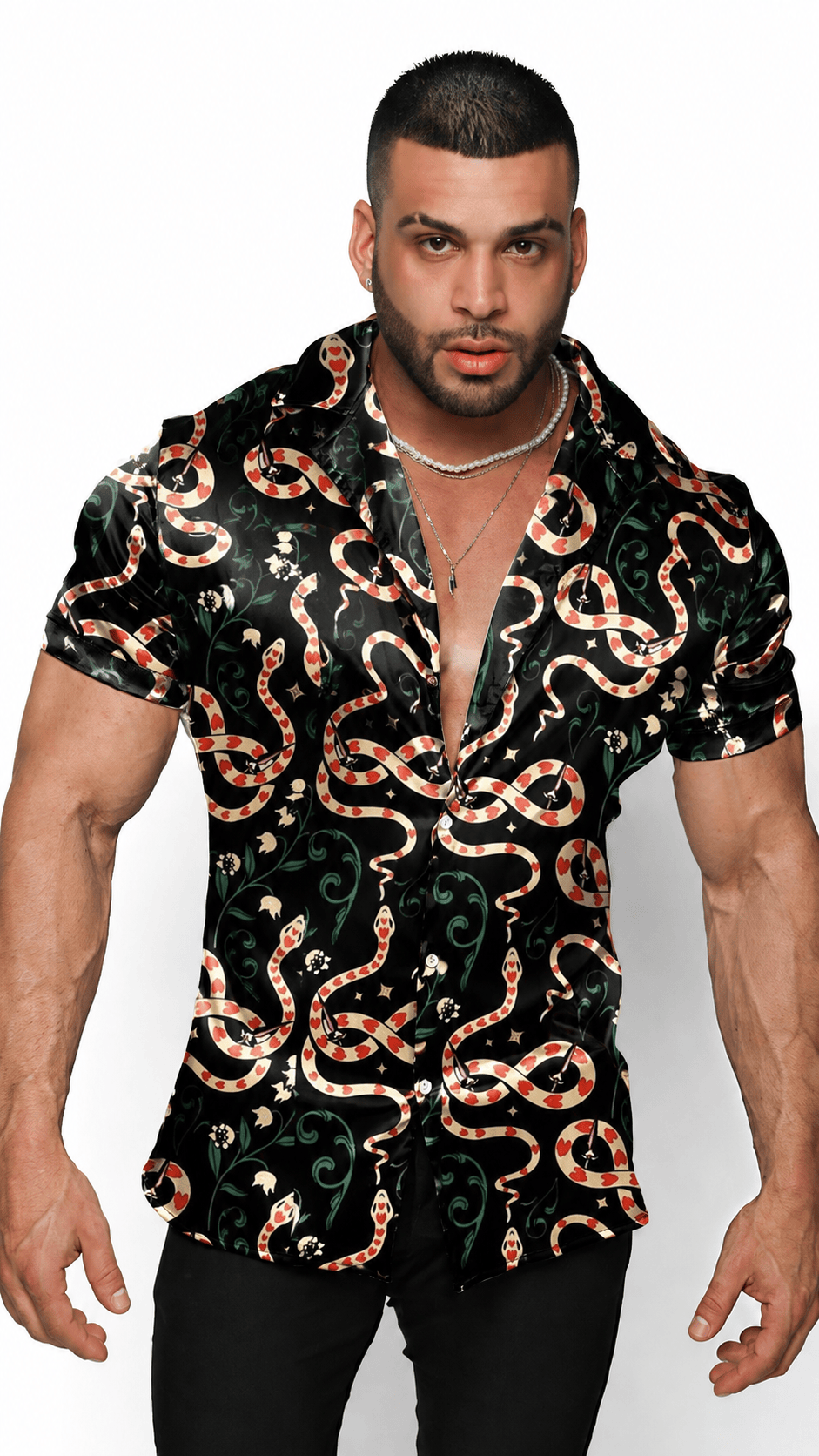 Men's Snake Print Short Sleeve Tailored Fit Shirt - Crimson Serpent