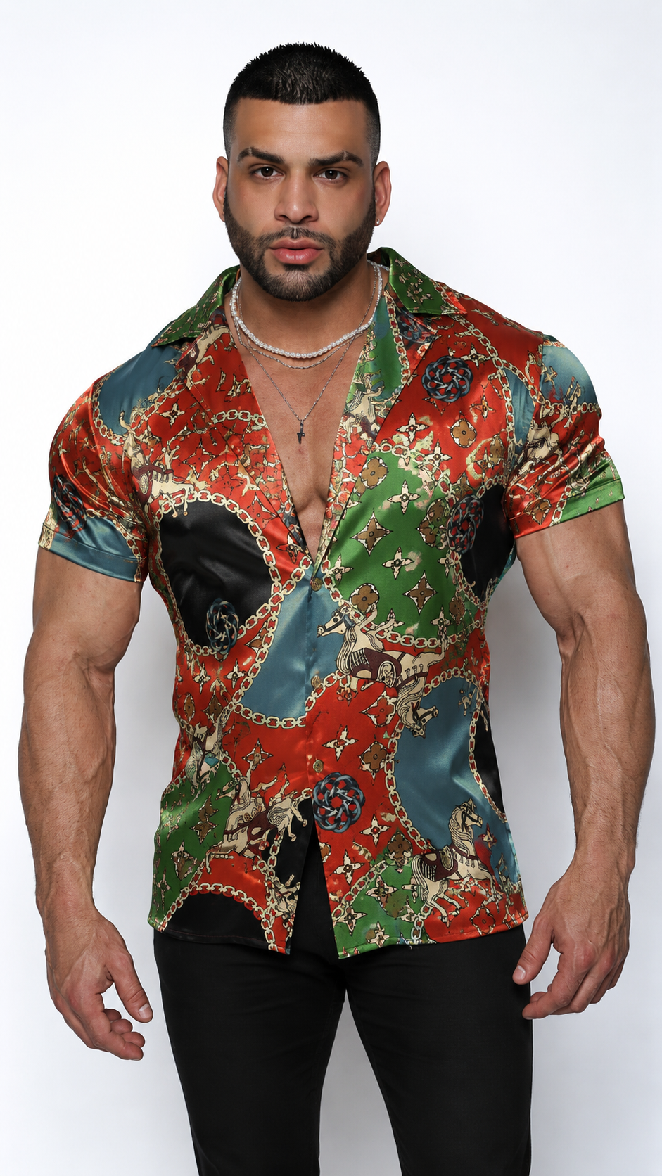 Men's Short Sleeve Tailored Fit Satin Dress Shirt - Crown Circuit