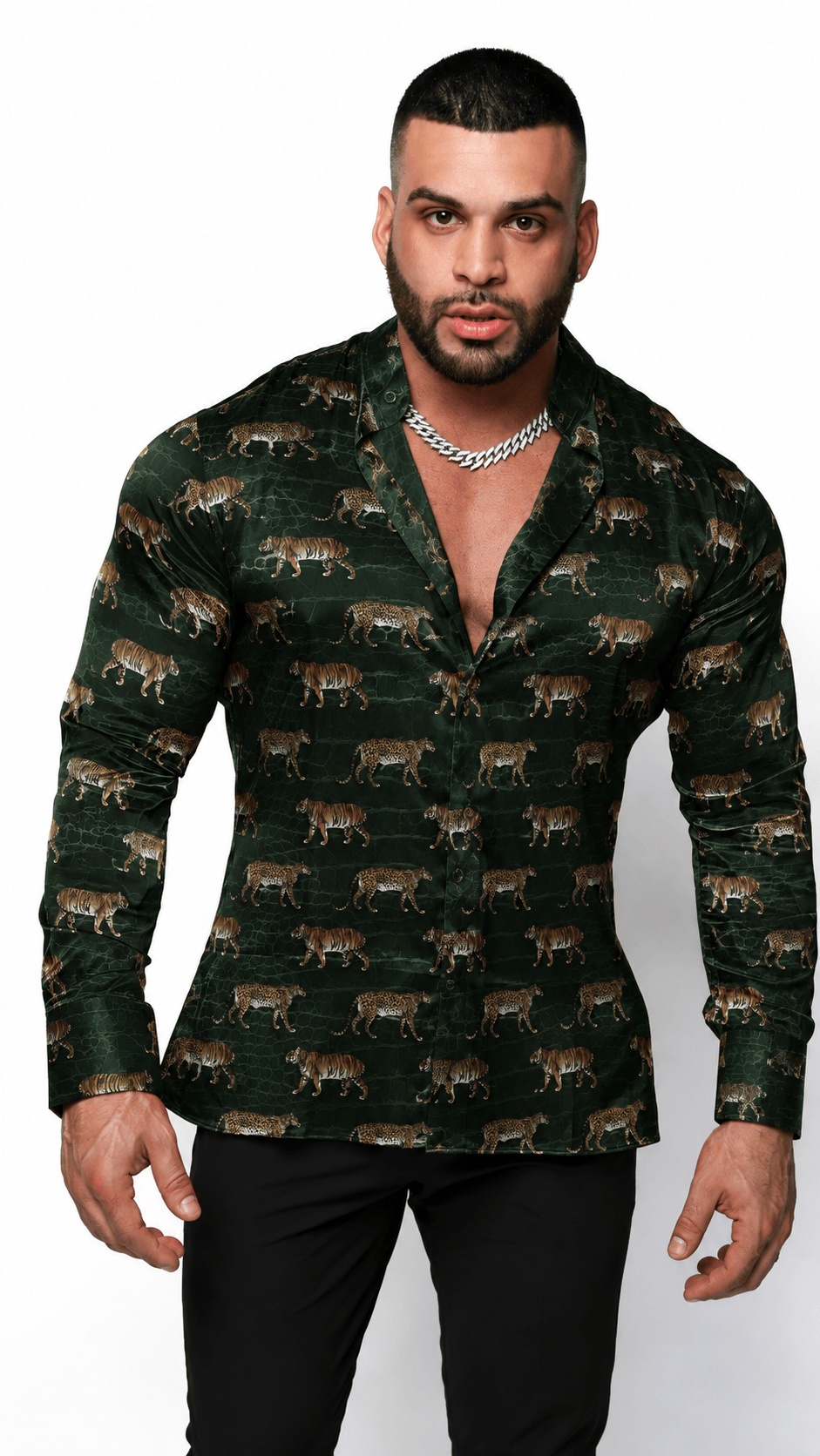 Men's Animal Print Green Tailored Fit Dress Shirt Dual Instinct by Gerardo New York (GNY)