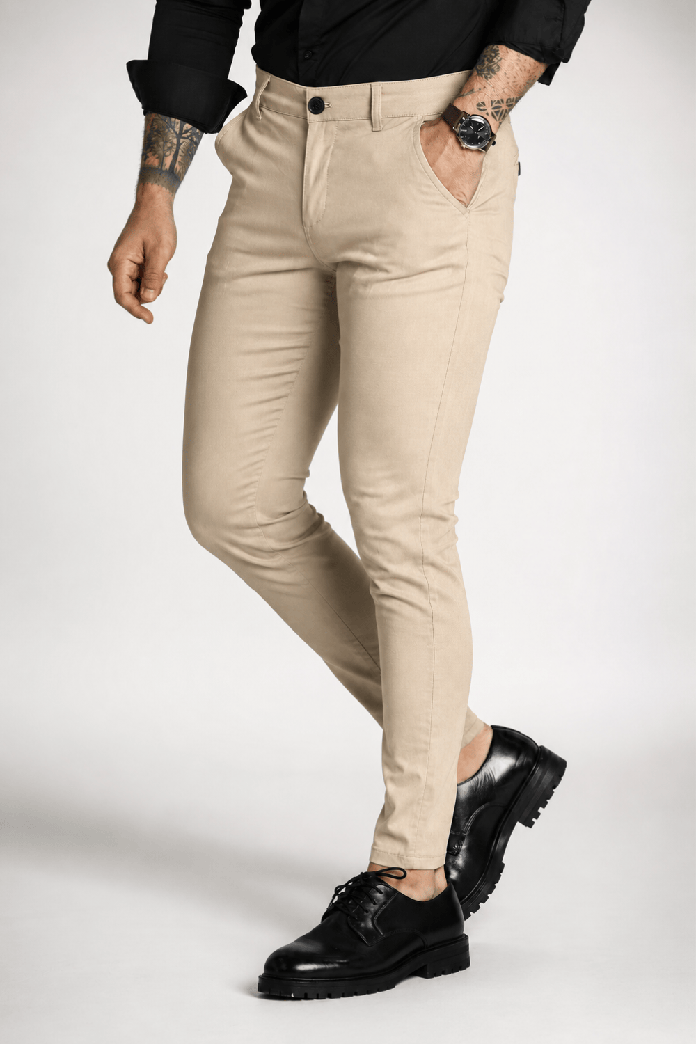 Men’s Khaki Tailored Fit Dress Pants by Gerardo New York (GNY) Model Front View