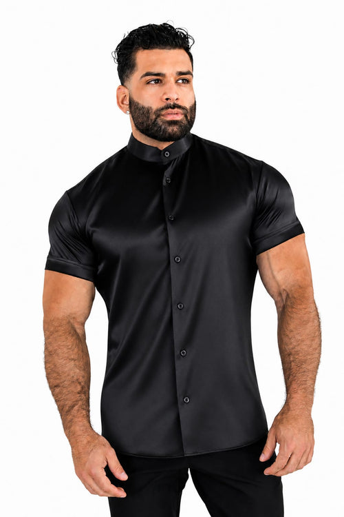 Men's Black Satin Shirt Tailored Fit NOIR By Gerardo New York