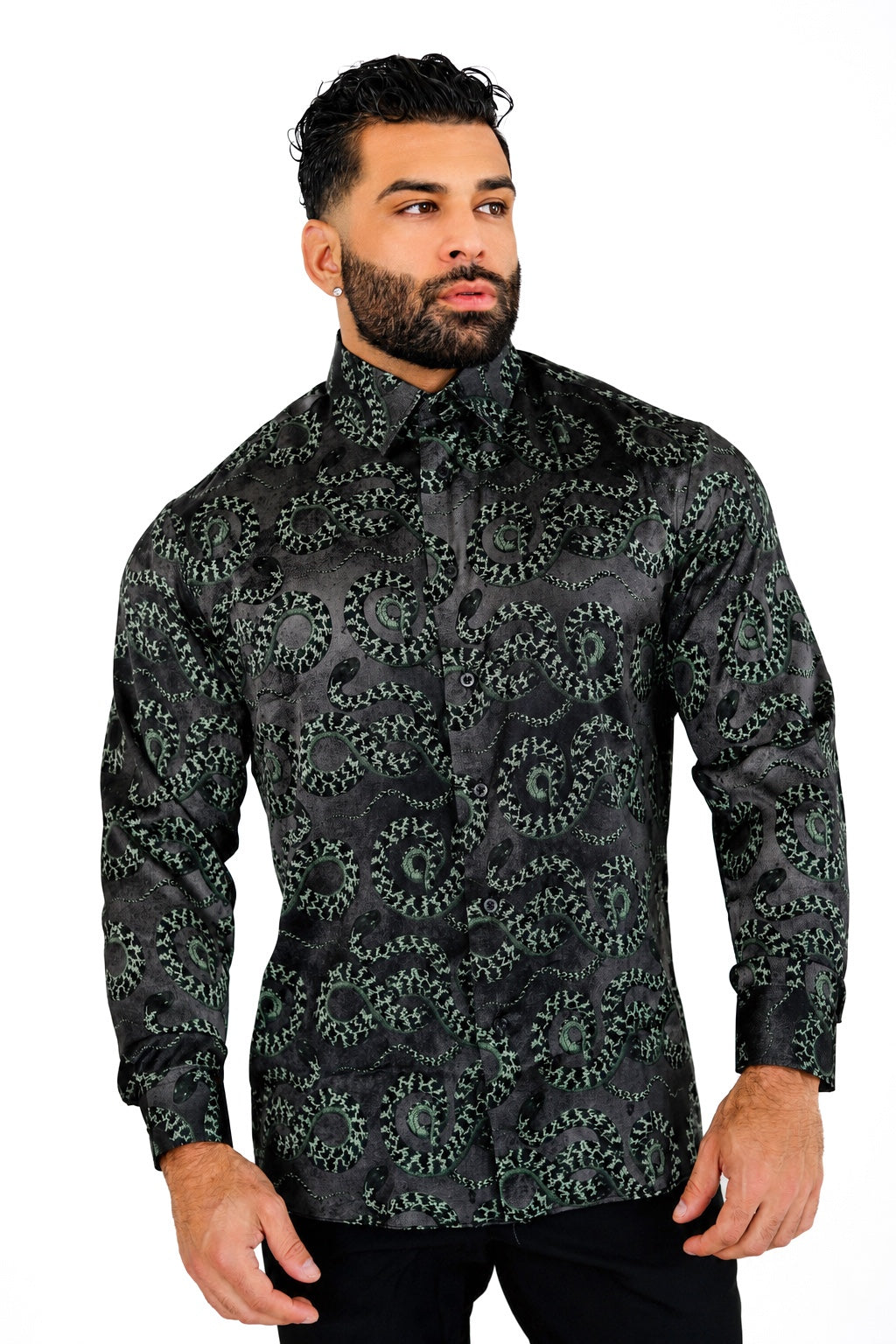 Men's Black Snake Print Dress Shirt Tailored Fit Midnight Serpent
