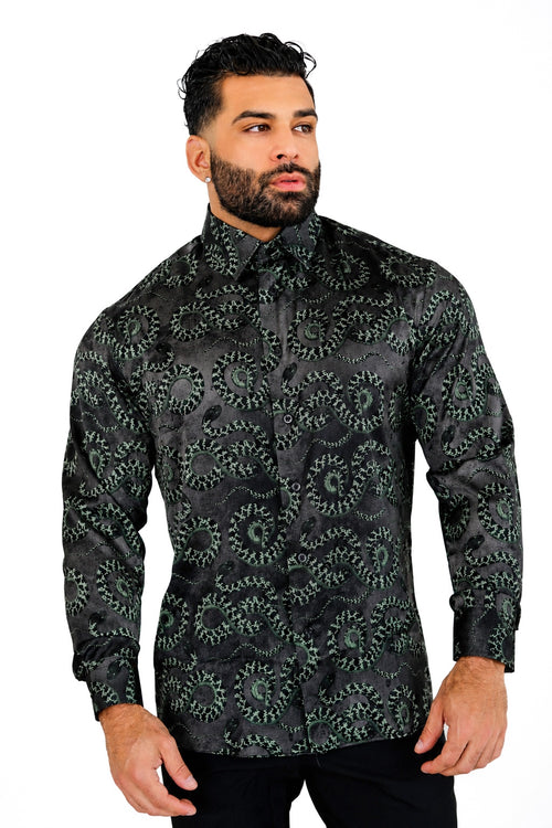 Men's Black Snake Print Dress Shirt Tailored Fit Midnight Serpent