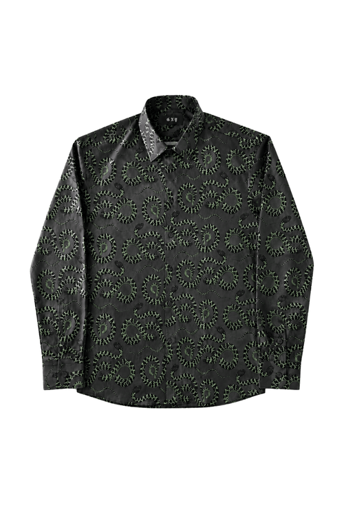 Men's Black Snake Print Dress Shirt Tailored Fit Midnight Serpent Front Full Lay
