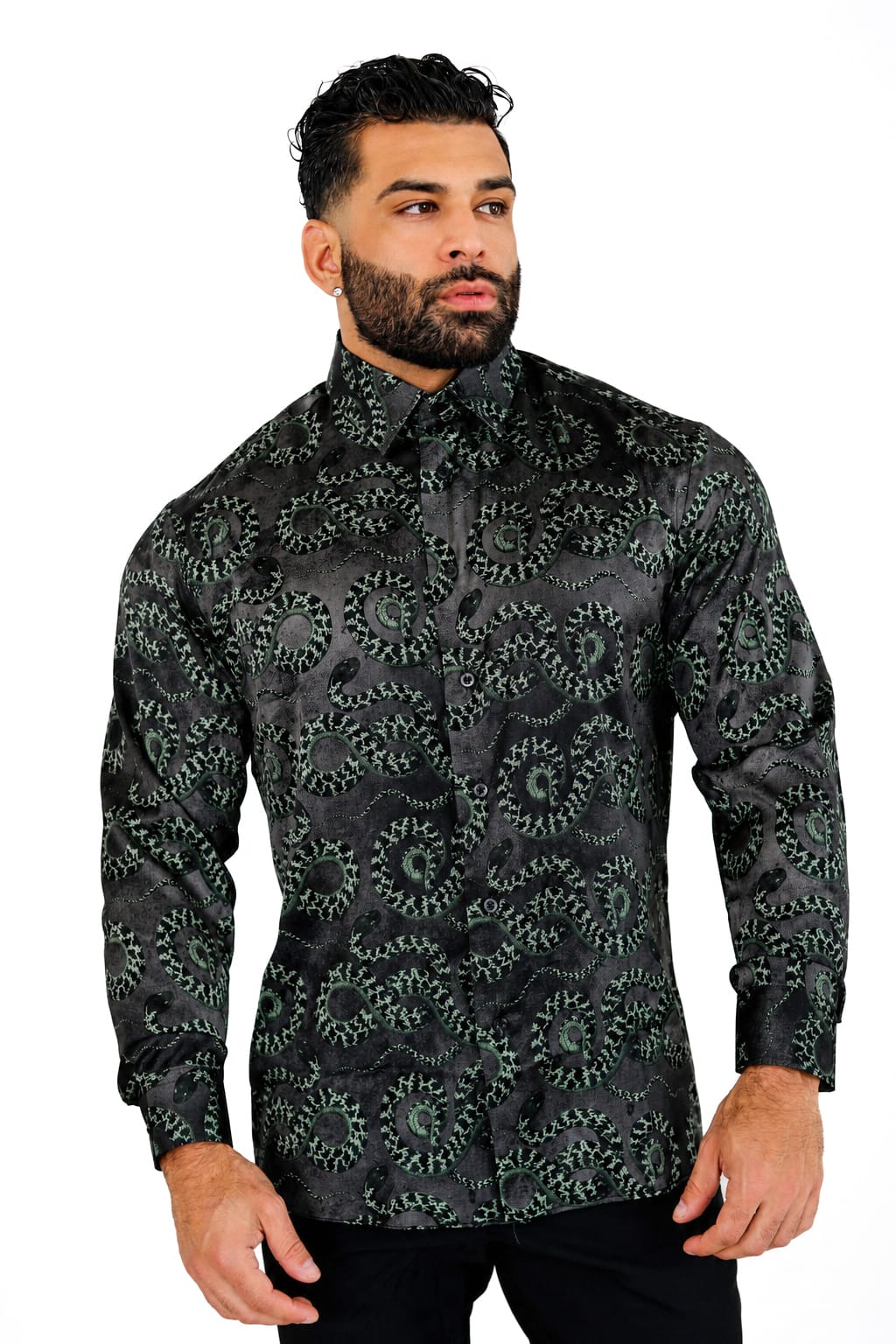 Men's Black Snake Print Dress Shirt Tailored Fit Midnight Serpent
