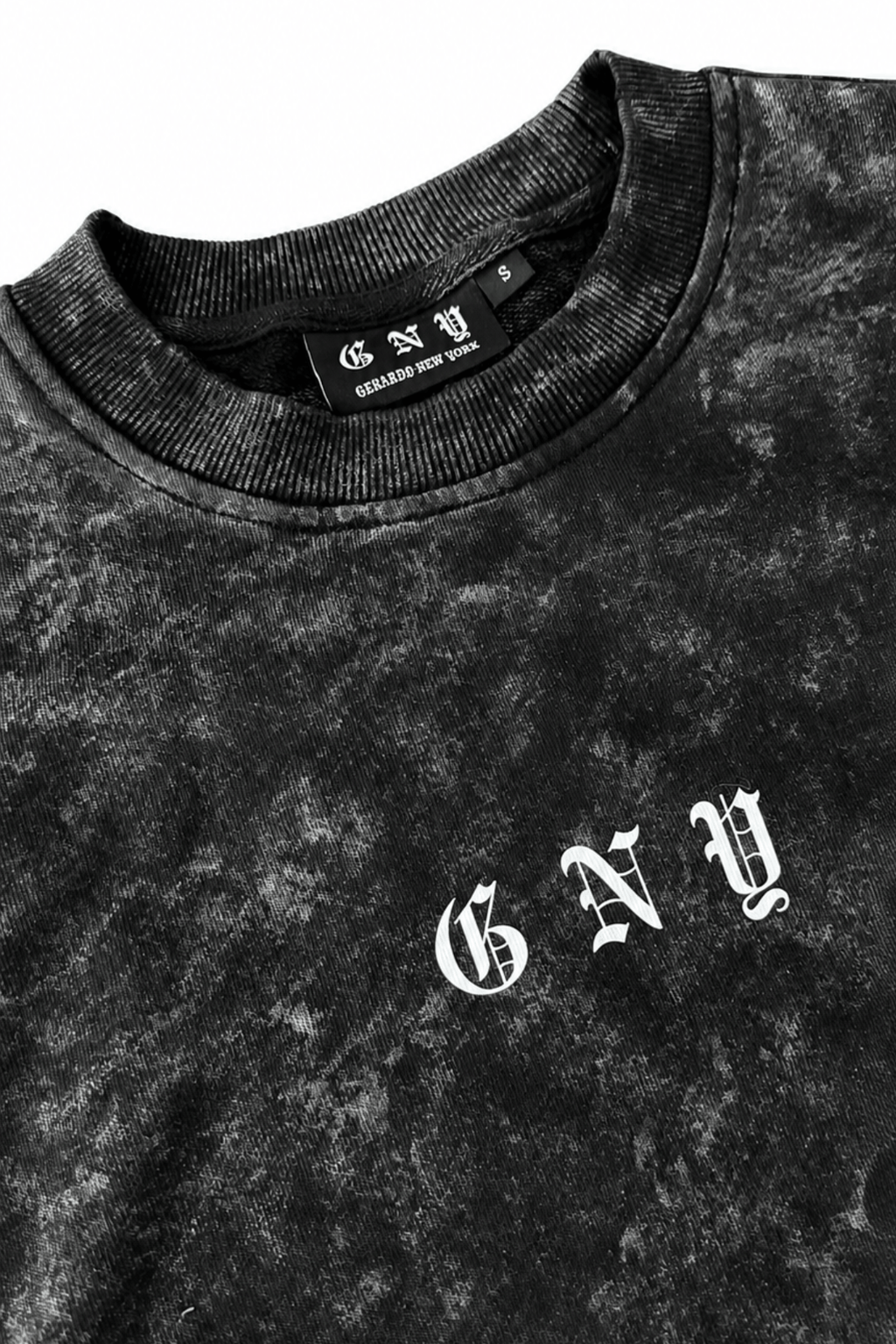 Men’s Black Snow Washed Crewneck Sweater Endure by Gerardo New York (GNY) Front Collar View Right