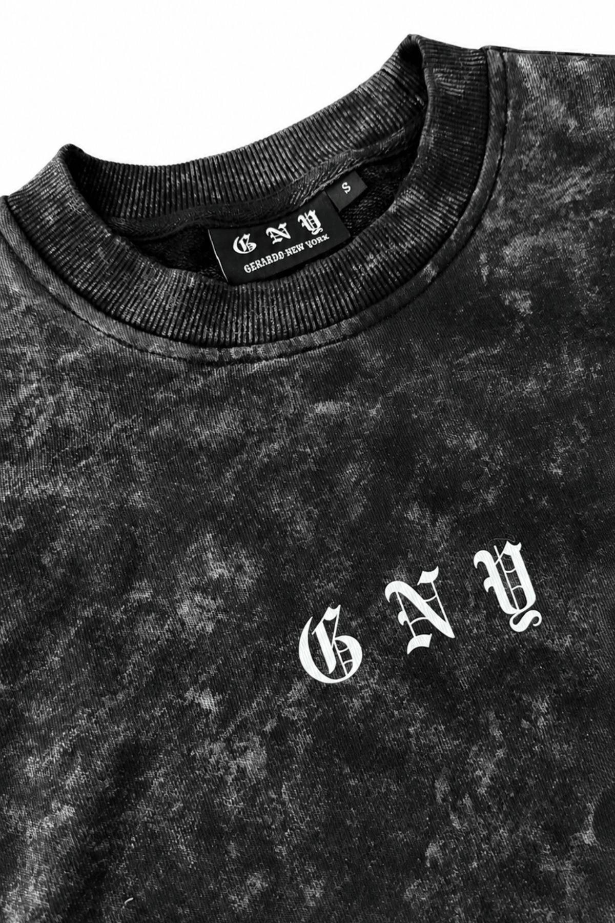 Men’s Black Snow Washed Crewneck Sweater Endure by Gerardo New York (GNY) Front Collar View Right
