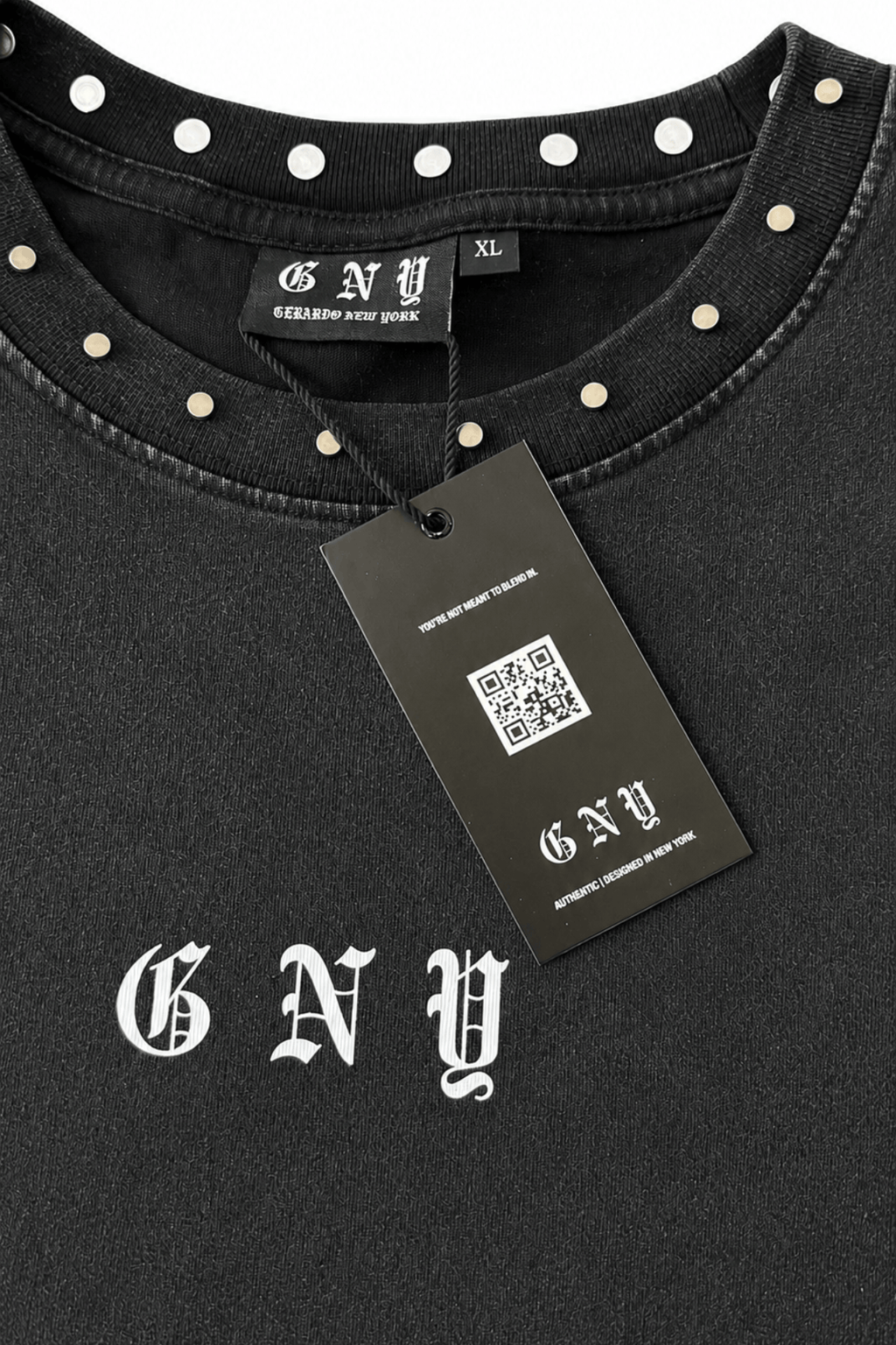 Men’s Black Studded T-Shirt Crown Hanging Tag