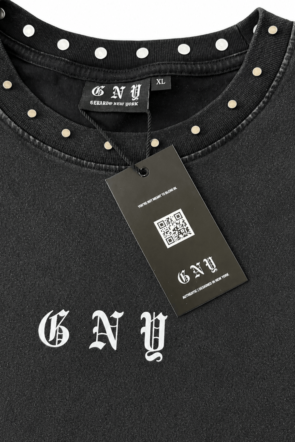 Men’s Black Studded T-Shirt Crown Hanging Tag