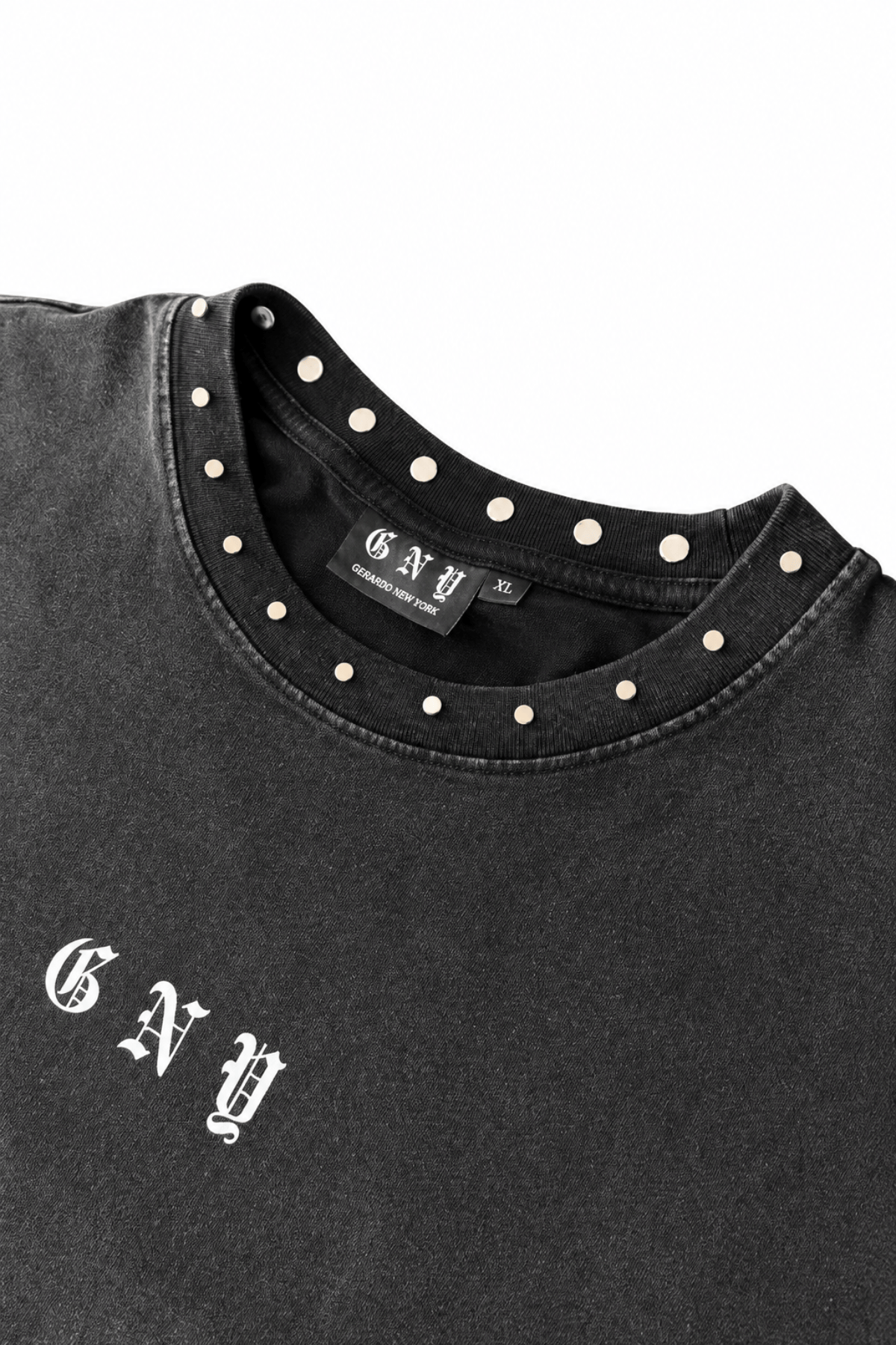 Men’s Black Studded T-Shirt Crown by Gerardo New York (GNY) Collar Close Up View