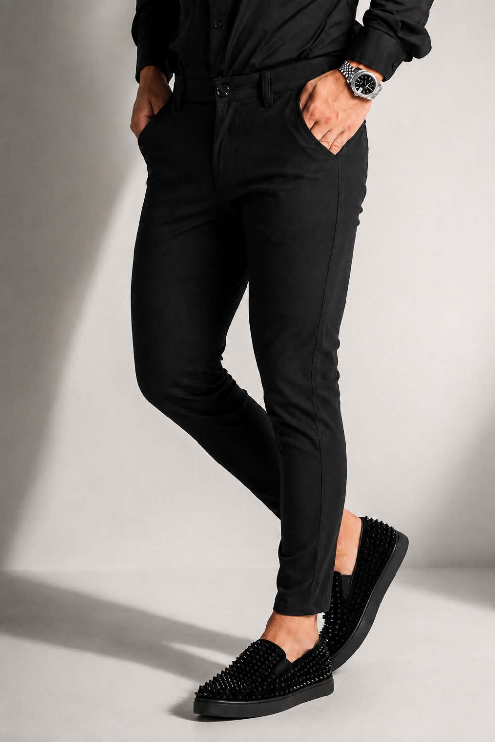Men’s Black Tailored Fit Dress Pants By Gerardo New York (GNY) Front Model Angle View