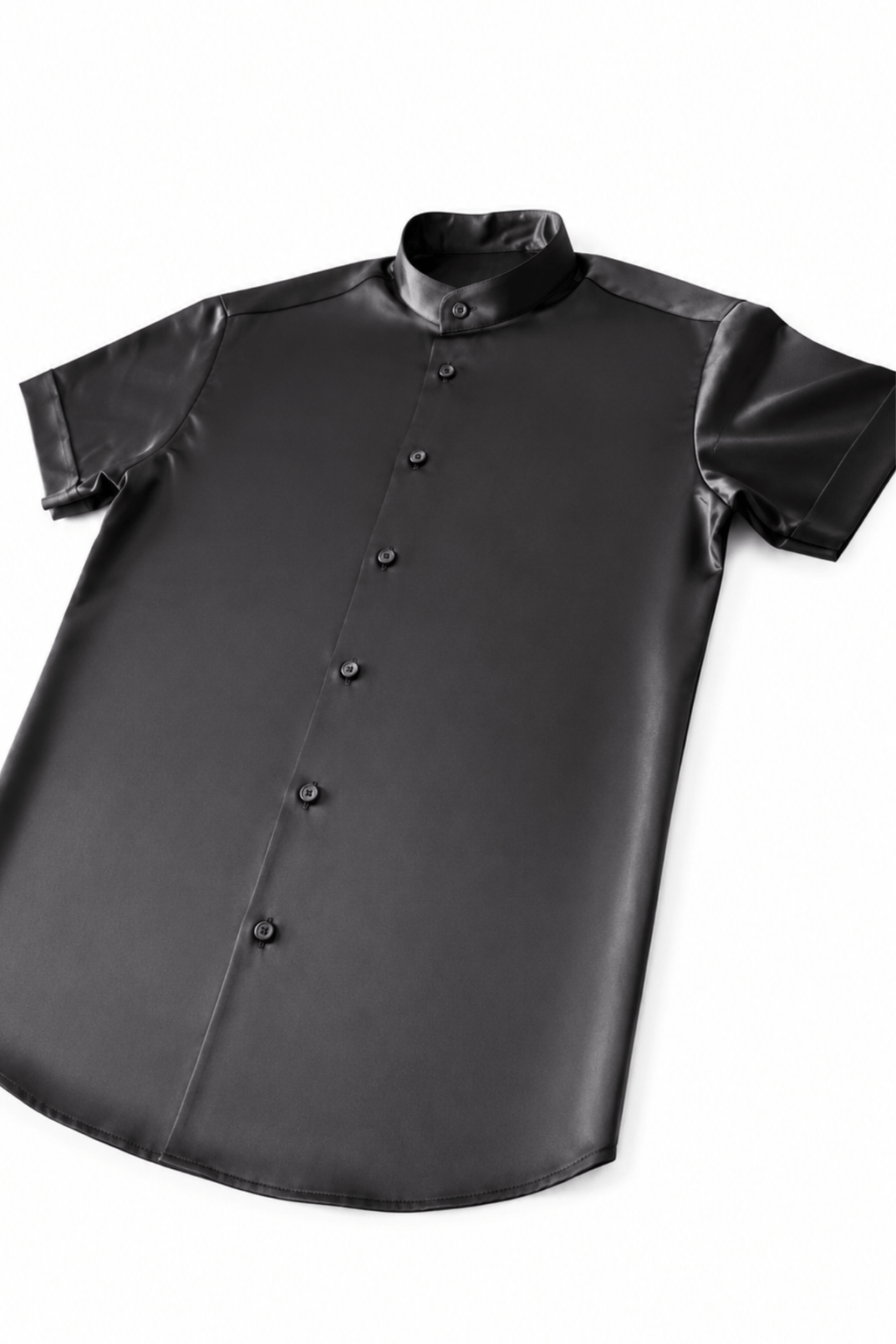 Men's Black Tailored Fit Satin Short Sleeve Dress Shirt Noir by Gerardo New York (GNY) Angle View