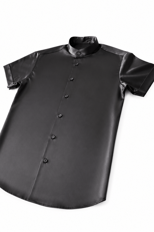 Men's Black Tailored Fit Satin Short Sleeve Dress Shirt Noir by Gerardo New York (GNY)