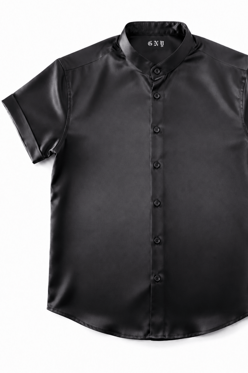 Men's Black Tailored Fit Satin Short Sleeve Dress Shirt Noir by Gerardo New York (GNY) Front View 2