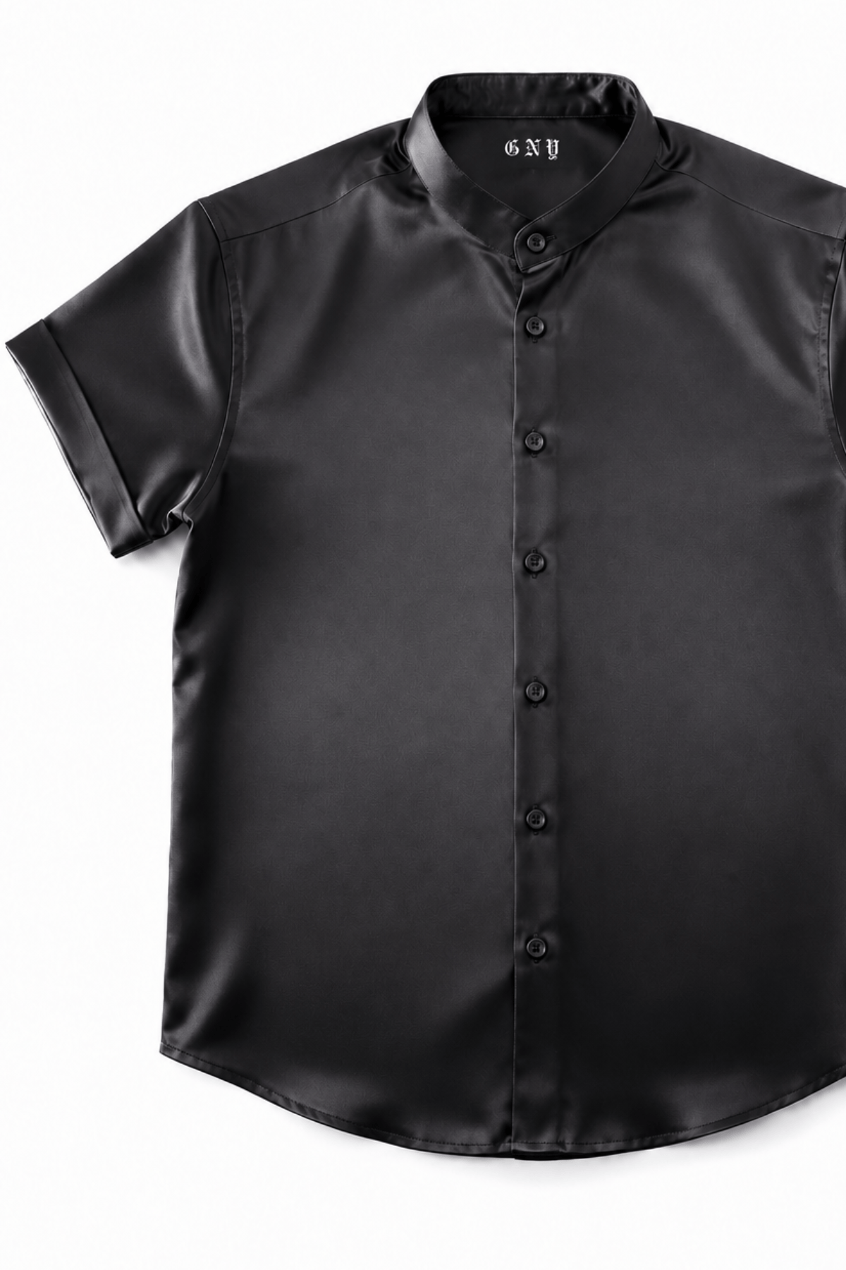 Men's Black Tailored Fit Satin Short Sleeve Dress Shirt Noir by Gerardo New York (GNY) Front View 2