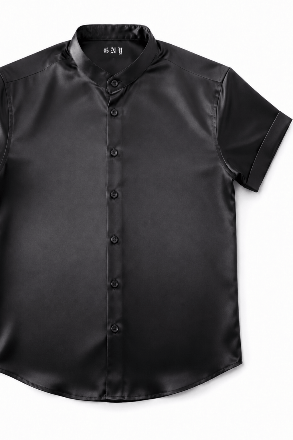 Men's Black Tailored Fit Satin Short Sleeve Dress Shirt Noir by Gerardo New York (GNY) Front View