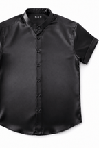 Men's Black Tailored Fit Satin Short Sleeve Dress Shirt Noir by Gerardo New York (GNY) Front View