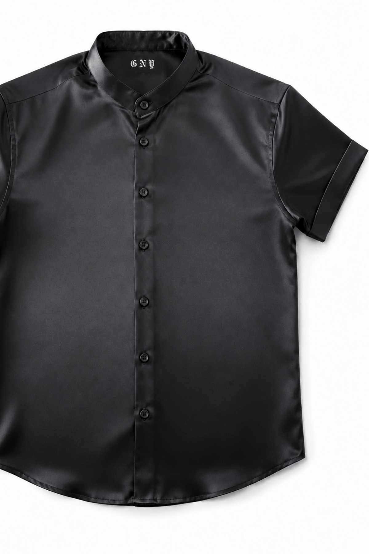 Men's Black Tailored Fit Satin Short Sleeve Dress Shirt Noir by Gerardo New York (GNY) Front View