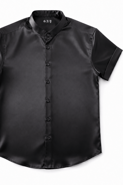Men's Black Tailored Fit Satin Short Sleeve Dress Shirt Noir by Gerardo New York (GNY) Front View