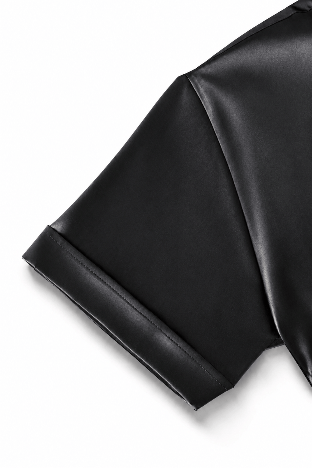 Men's Black Tailored Fit Satin Short Sleeve Dress Shirt Noir by Gerardo New York (GNY) Sleeve Detail View