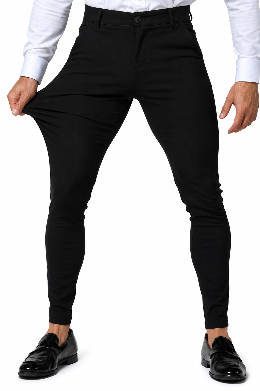 Men's Black Tailored Slim Fit Dress Pants Stretch Fabric Detail Shot