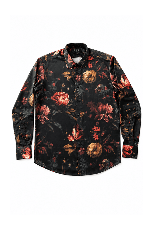 Men's Floral Satin Dress Shirt Tailored Fit Nocturne Bloom Front Lay