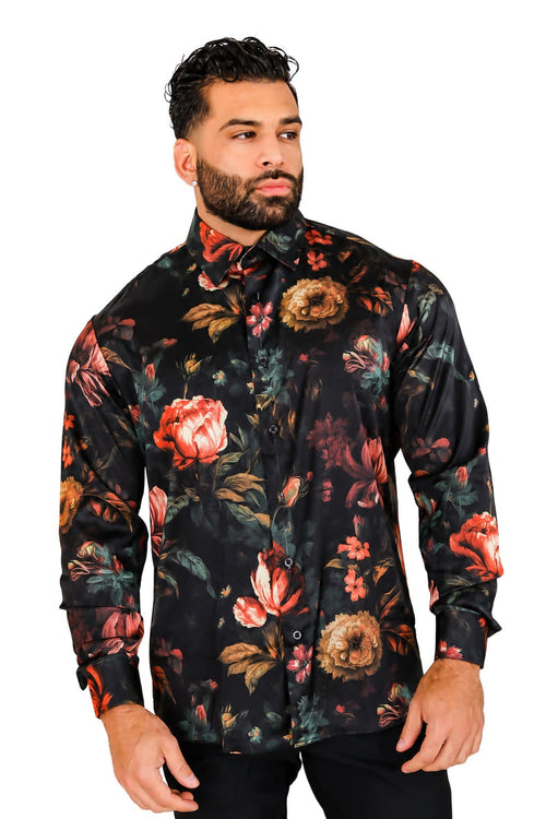 Men's Floral Satin Dress Shirt Tailored Fit Nocturne Bloom
