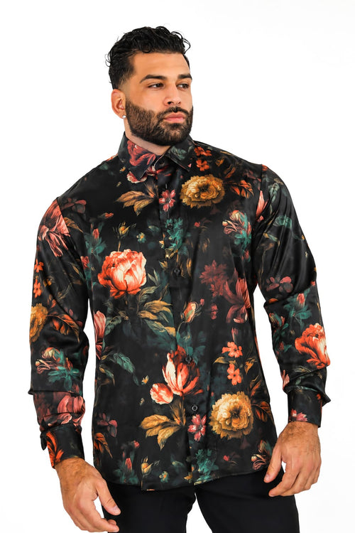 Men's Floral Satin Dress Shirt Tailored Fit Nocturne Bloom By Gerardo New York GNY