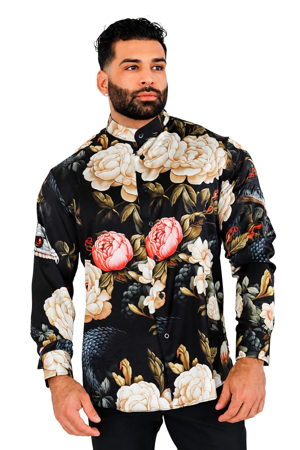 Men's Floral Snake Print Dress Shirt Tailored Fit Velvet Serpent