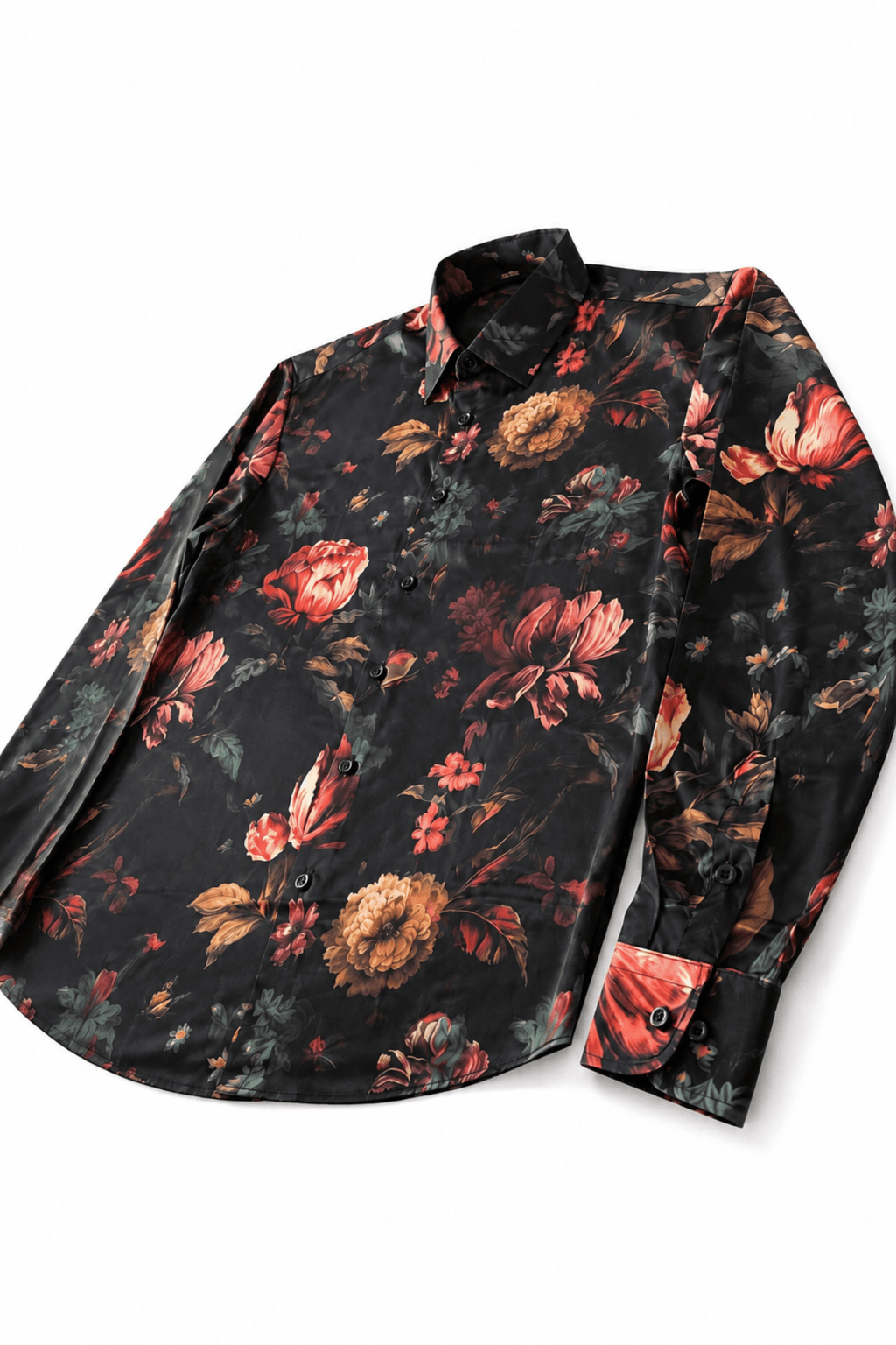 Men's Floral Tailored Fit Satin Dress Shirt Nocturne Bloom by Gerardo New York (GNY) Angle View