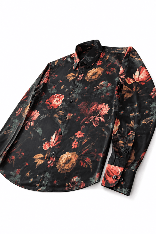 Men's Floral Tailored Fit Satin Dress Shirt Nocturne Bloom by Gerardo New York (GNY) Angle View