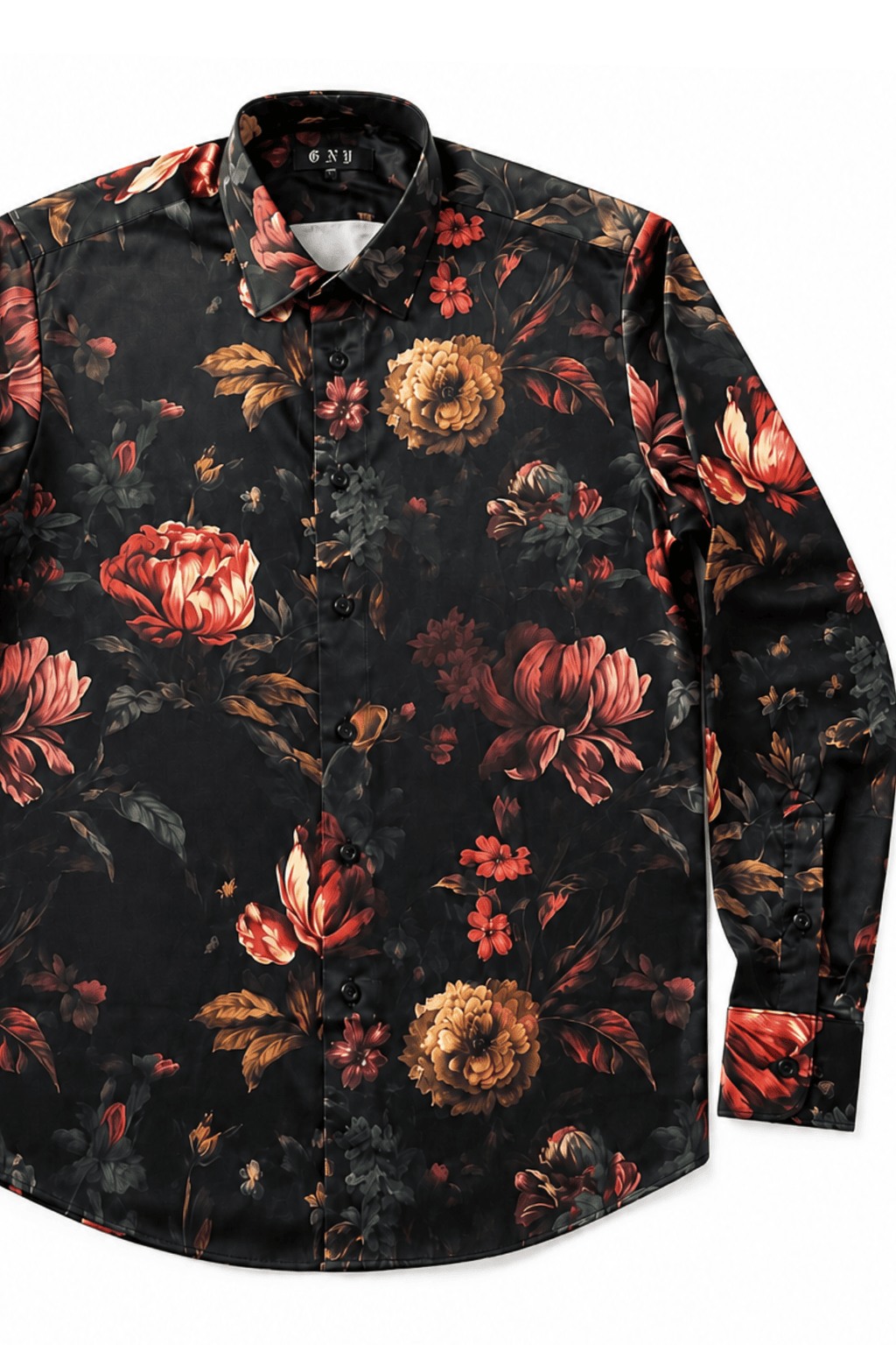 Men's Floral Tailored Fit Satin Dress Shirt Nocturne Bloom by Gerardo New York (GNY)  Front View 1