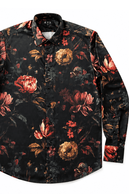 Men's Floral Tailored Fit Satin Dress Shirt Nocturne Bloom by Gerardo New York (GNY)  Front View 1