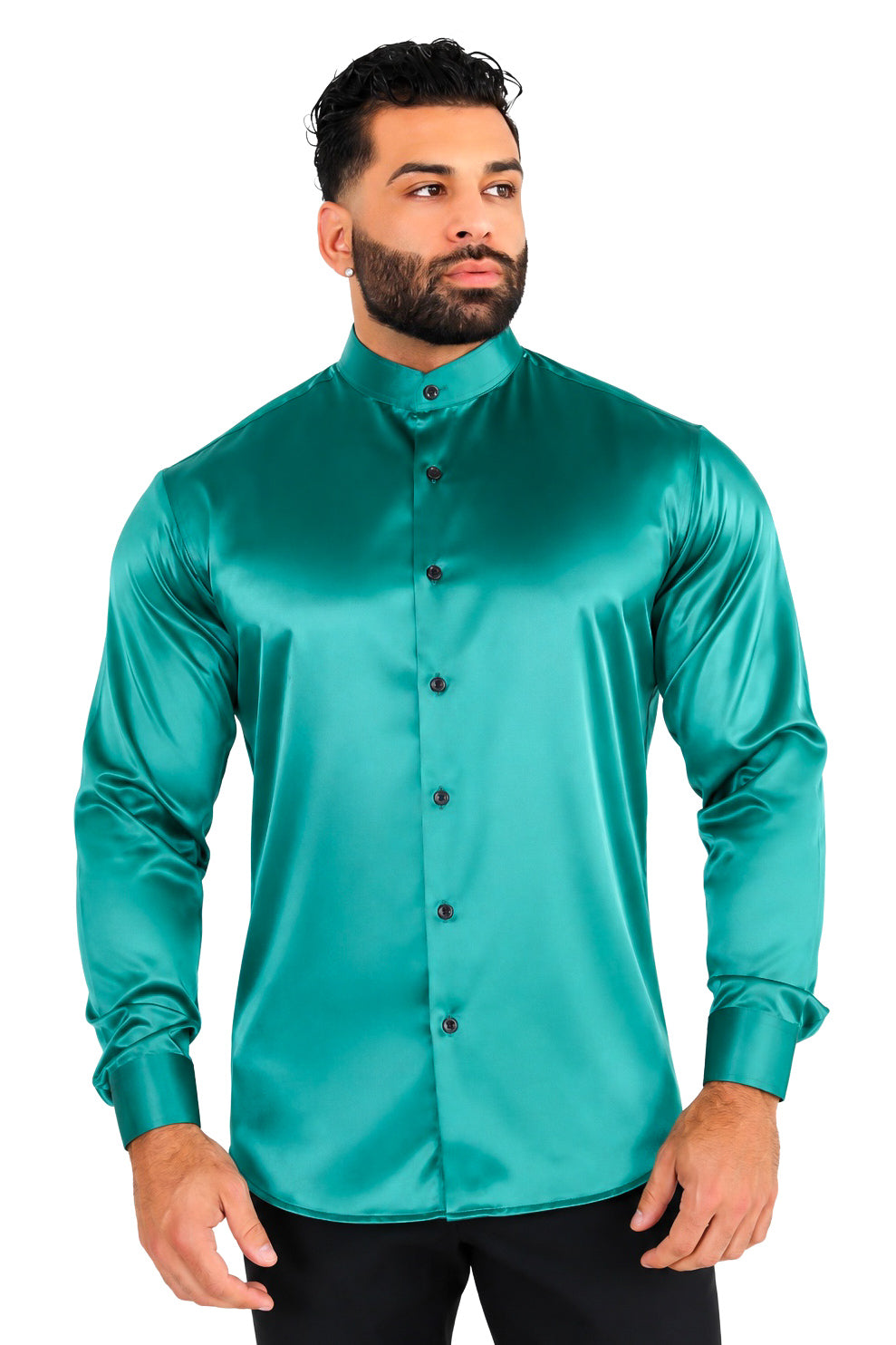 Men's Green Satin Dress Shirt Tailored Fit Liquid Emerald