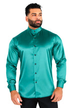 Men's Green Satin Dress Shirt Tailored Fit Liquid Emerald