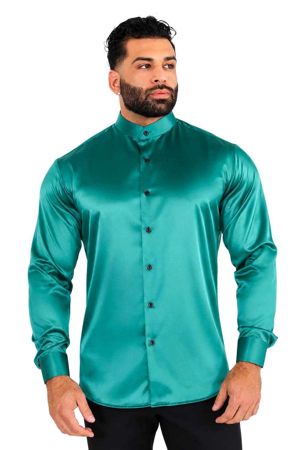 Men's Green Satin Dress Shirt Tailored Fit Liquid Emerald By Gerardo New York GNY