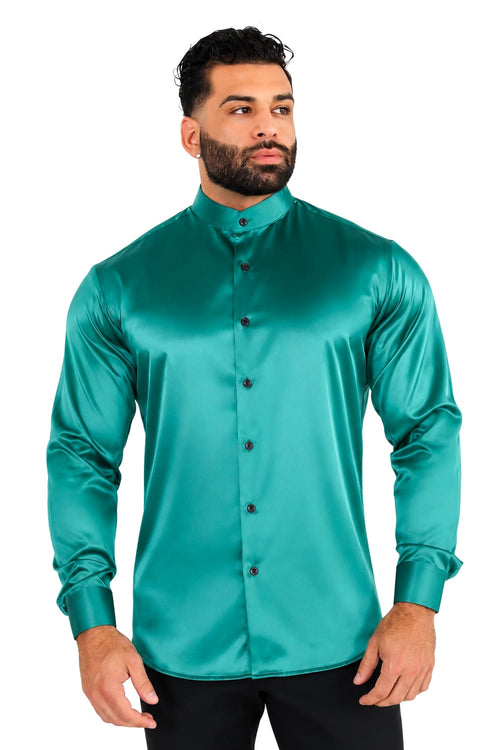Men's Green Satin Dress Shirt Tailored Fit Liquid Emerald By Gerardo New York GNY