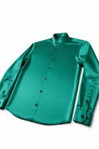 Men's Green Satin Tailored Fit Dress Shirt Liquid Emerald  by Gerardo New York (GNY) Angle View