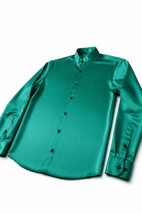 Men's Green Satin Tailored Fit Dress Shirt Liquid Emerald  by Gerardo New York (GNY) Angle View