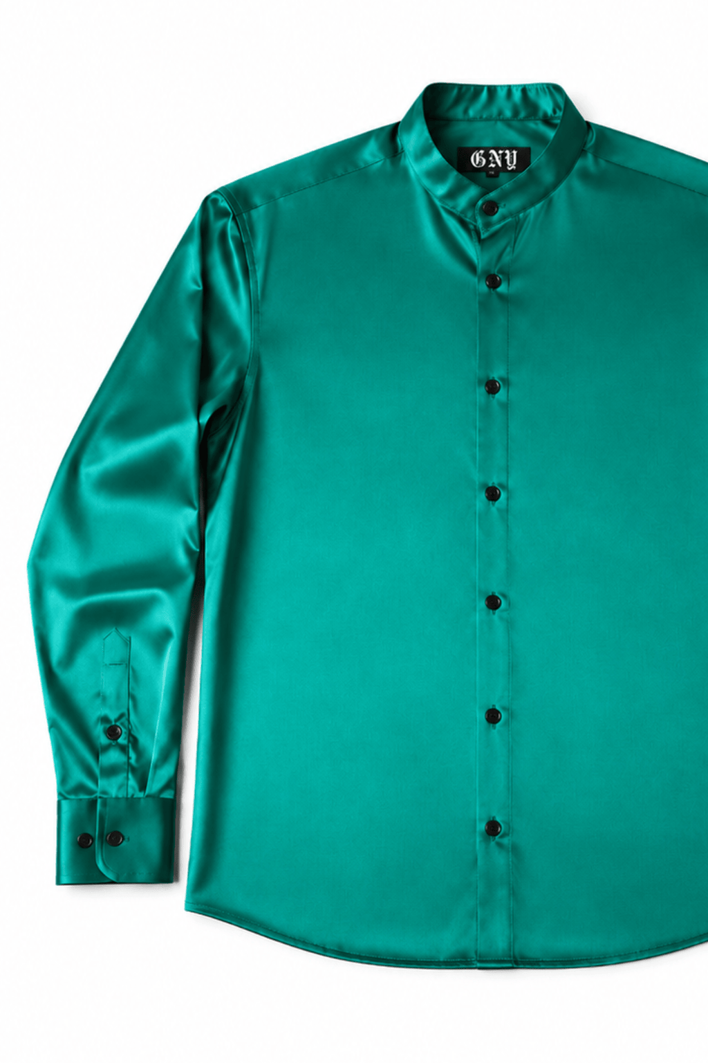 Men's Green Satin Tailored Fit Dress Shirt Liquid Emerald  by Gerardo New York (GNY) Front View 2
