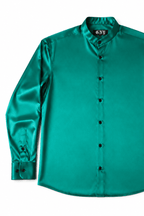 Men's Green Satin Tailored Fit Dress Shirt Liquid Emerald  by Gerardo New York (GNY) Front View 2
