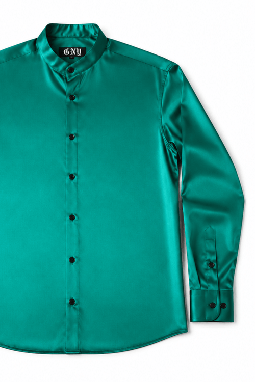 Men's Green Satin Tailored Fit Dress Shirt Liquid Emerald  by Gerardo New York (GNY) Front View 1