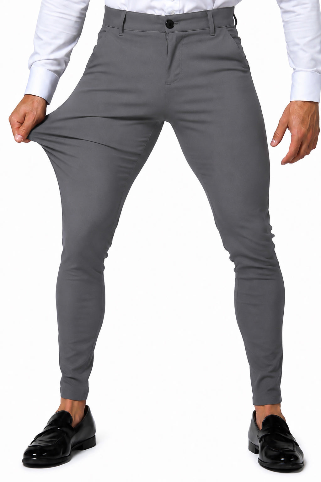 Men's Grey Tailored Slim Fit Dress Pants Stretch Fabric Detail