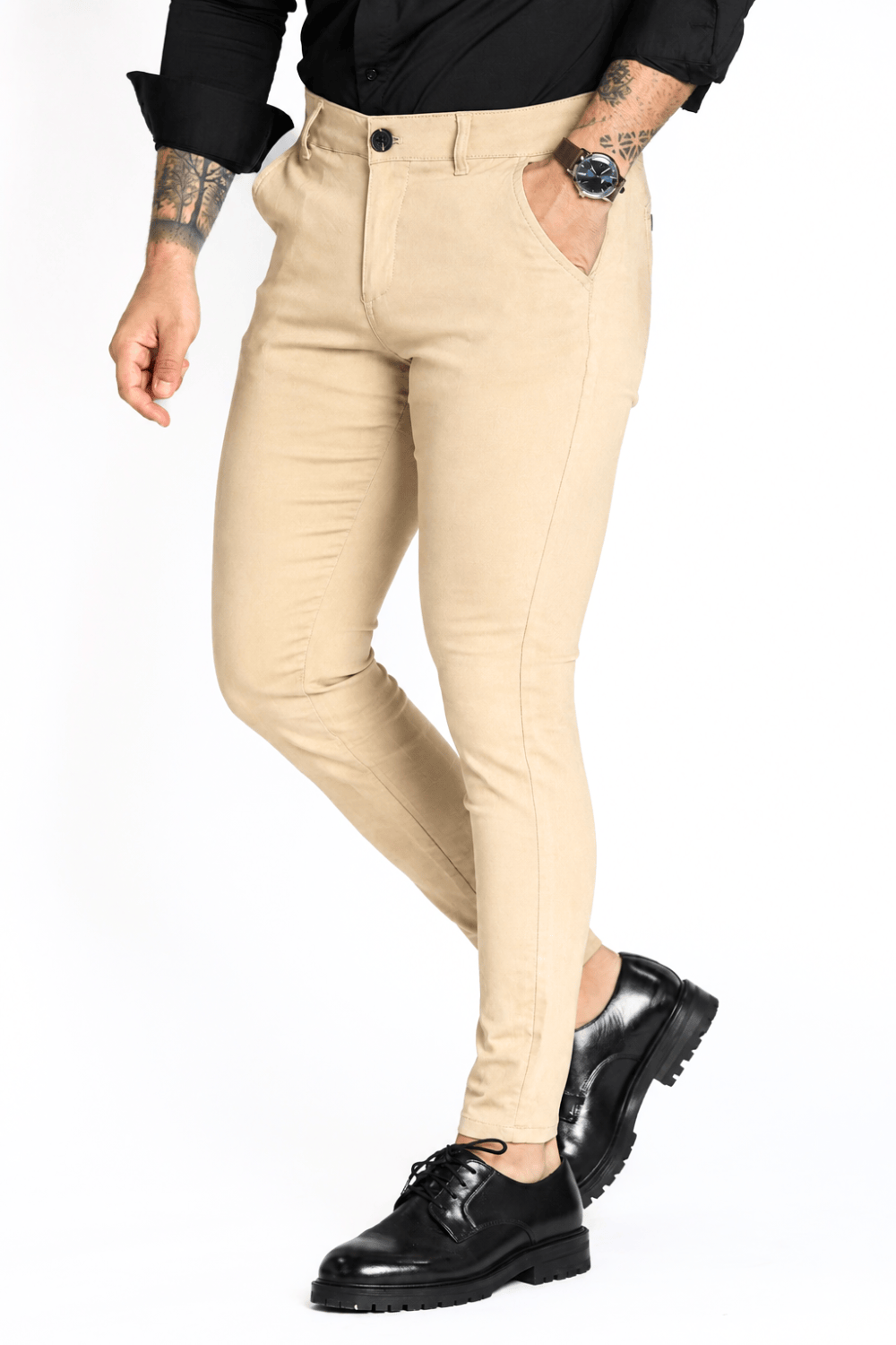 Men’s Khaki Tailored Fit Dress Pants by Gerardo New York (GNY) Model Front View