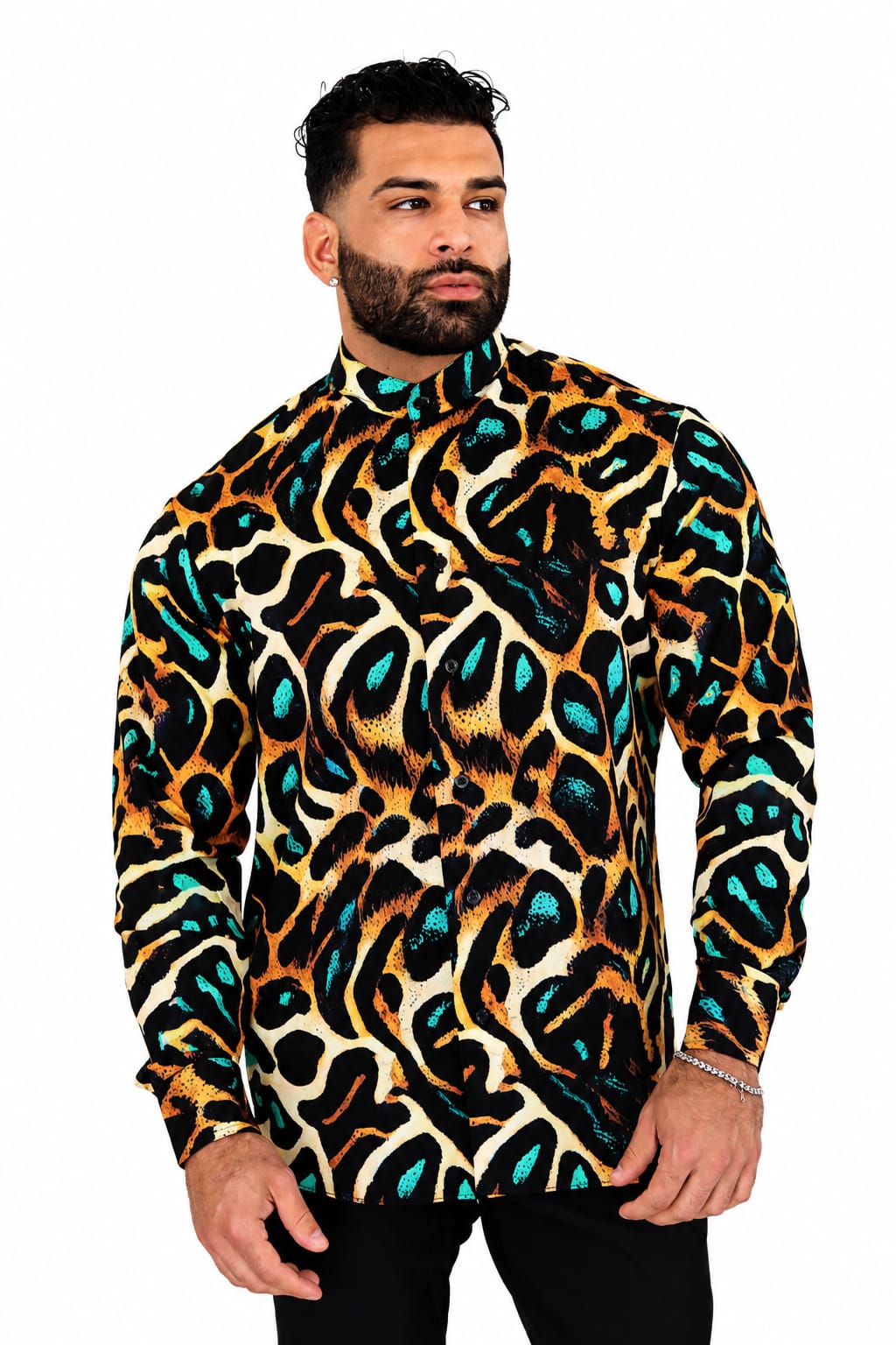 Men's Leopard Print Dress Shirt Tailored Fit Viridian Leopard