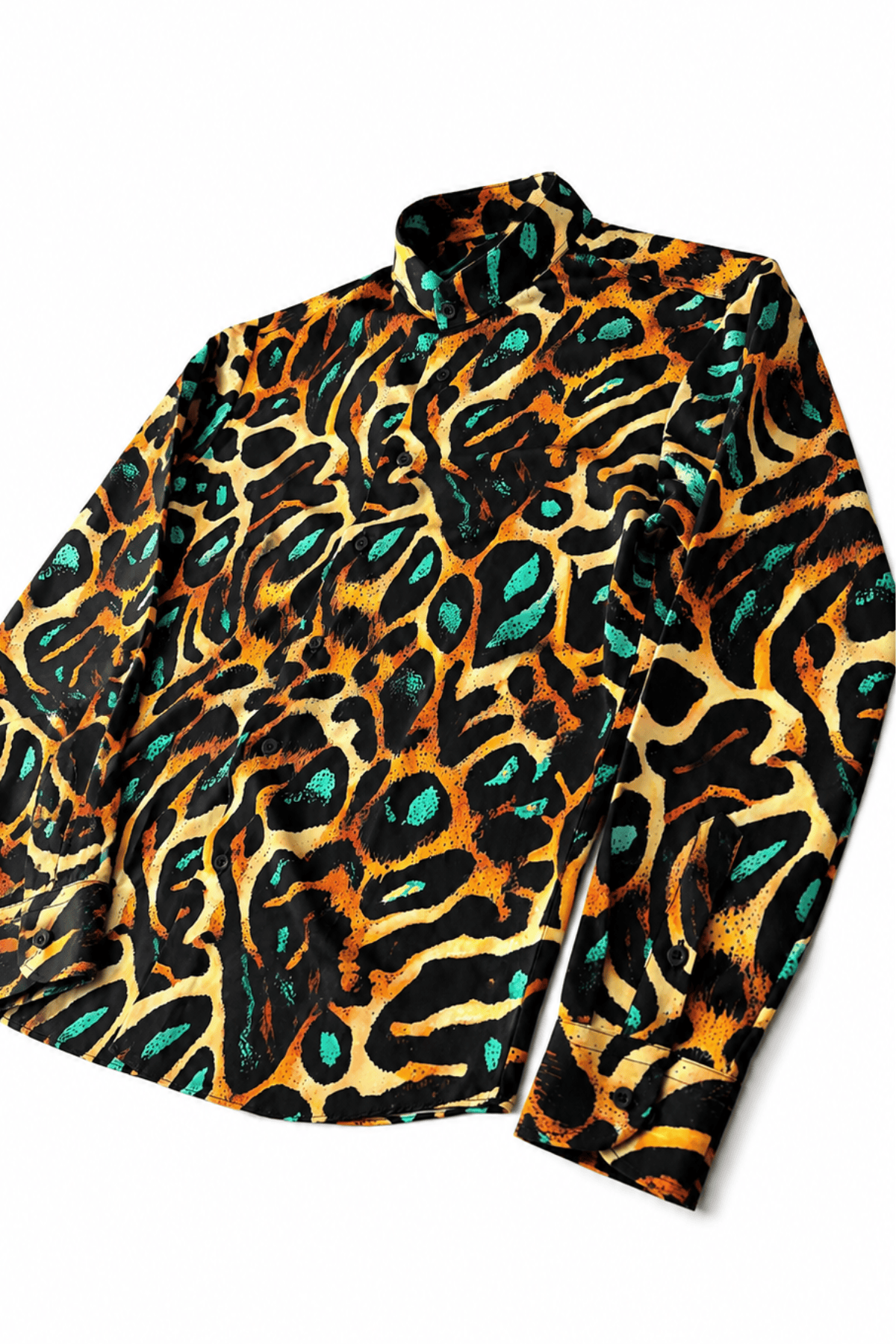 Men's Leopard Print Tailored Fit Satin Dress Shirt Viridian Leopard by Gerardo New York (GNY) Angle View