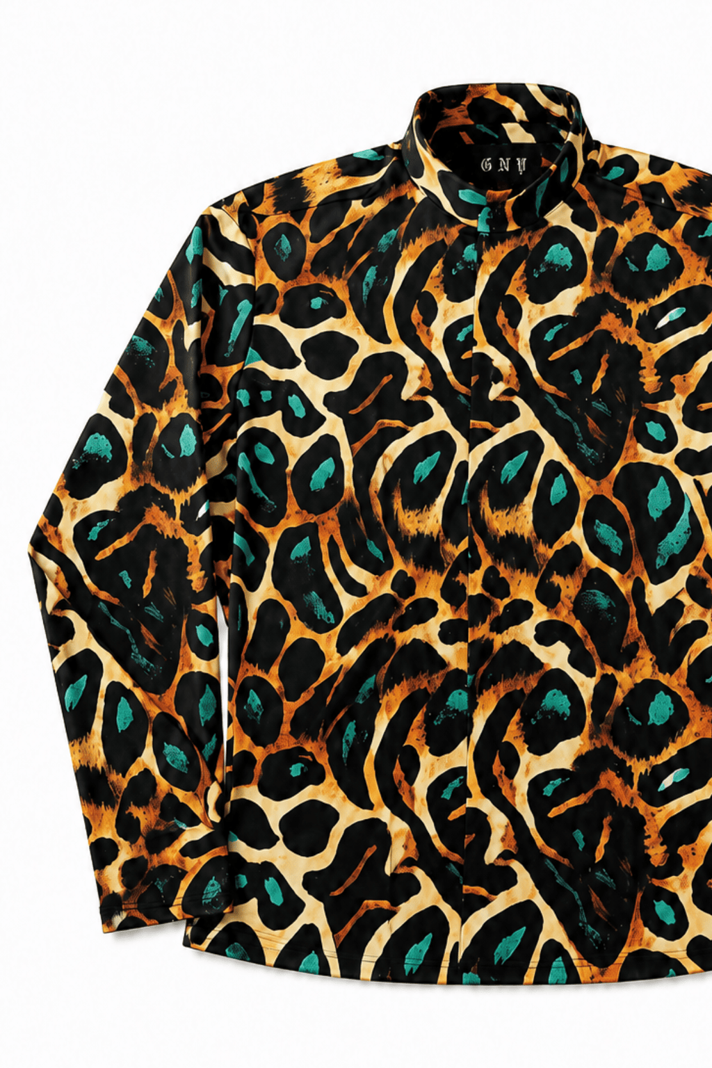 Men's Leopard Print Tailored Fit Satin Dress Shirt Viridian Leopard by Gerardo New York (GNY) Front View 2