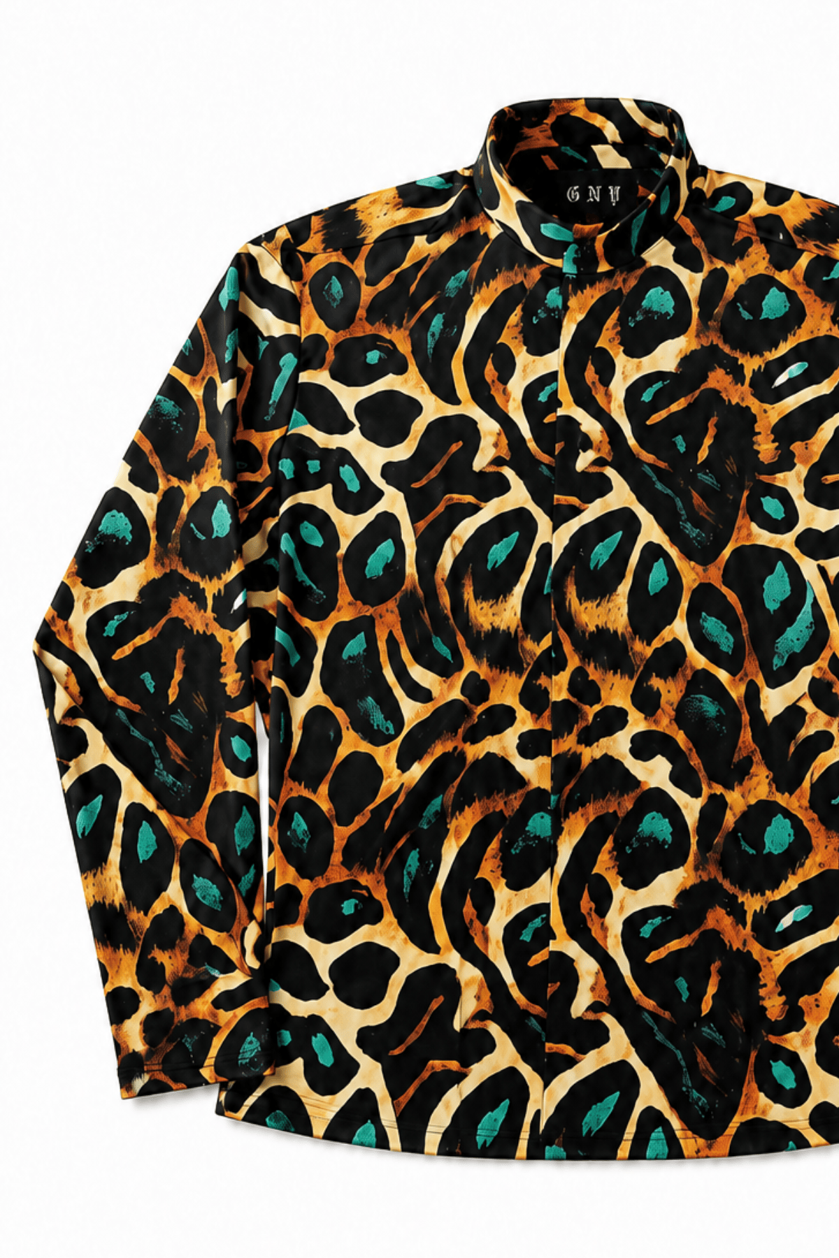 Men's Leopard Print Tailored Fit Satin Dress Shirt Viridian Leopard by Gerardo New York (GNY) Front View 2