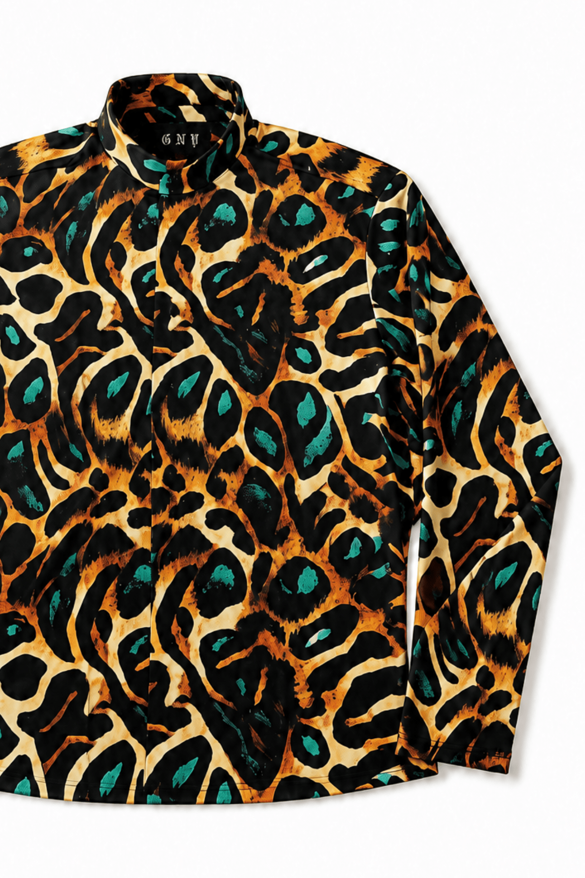 Men's Leopard Print Tailored Fit Satin Dress Shirt Viridian Leopard by Gerardo New York (GNY) Front View 1